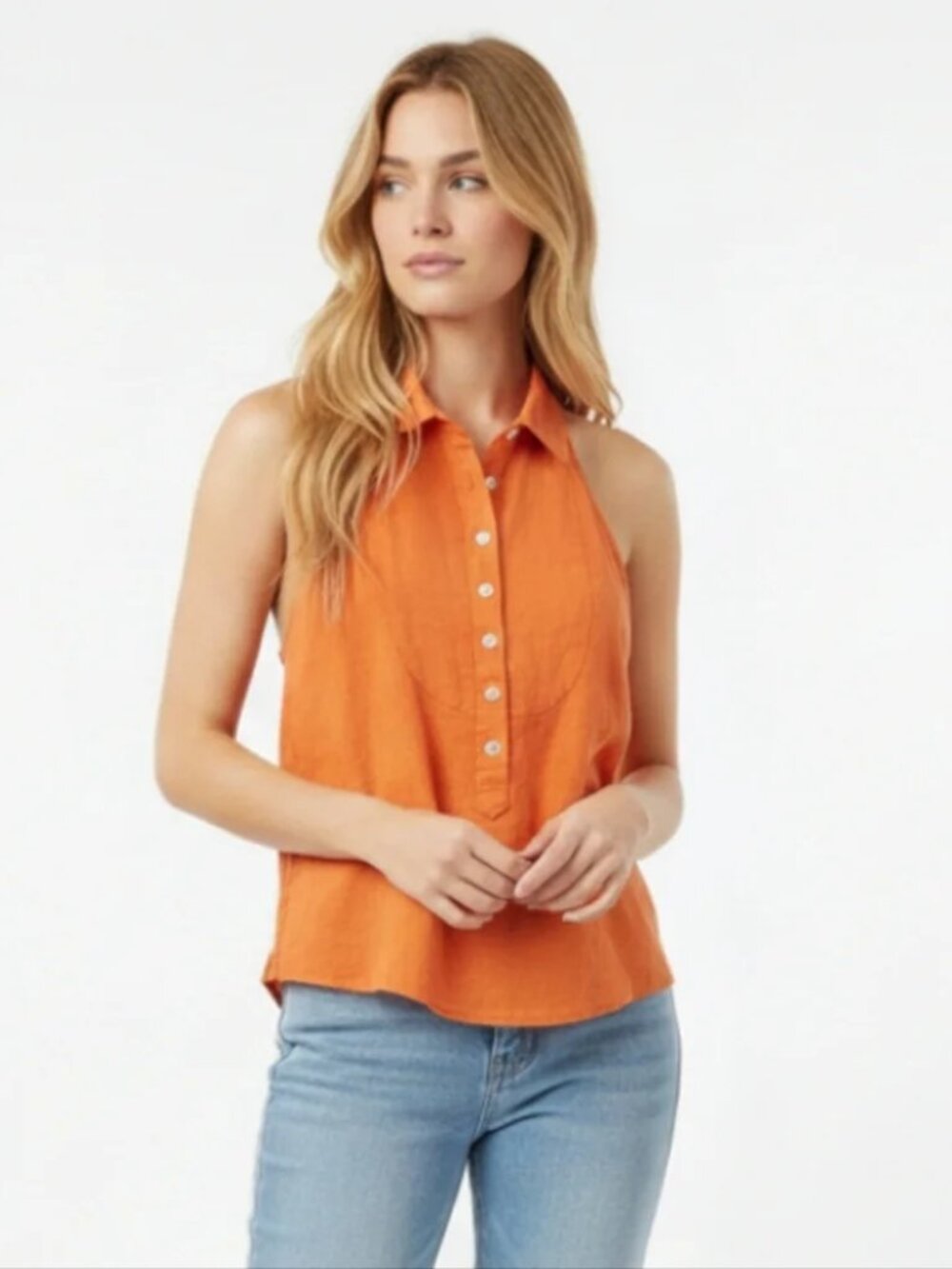 Joie Sleeveless Halter Top Smocked Linen Blend Collared Orange Womens Size Large